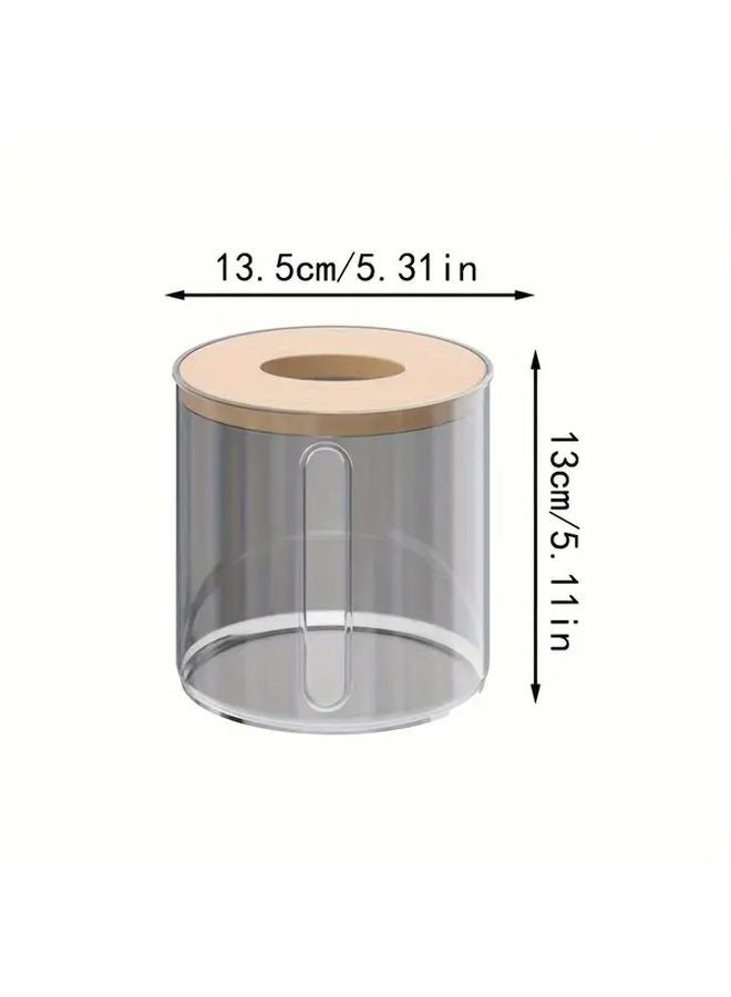 Transparent Silvery Round Tissue Box With Bamboo Lid Bathroom Living Room Storage Container - Image 5